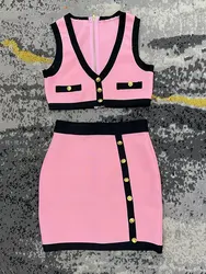 Sexy Women's Pink Bandage Mini Skirt Set V-neck Sleeveless Ultra Short Tank Top+Short Skirt+Mid length Cardigan Coat 3-piece Set