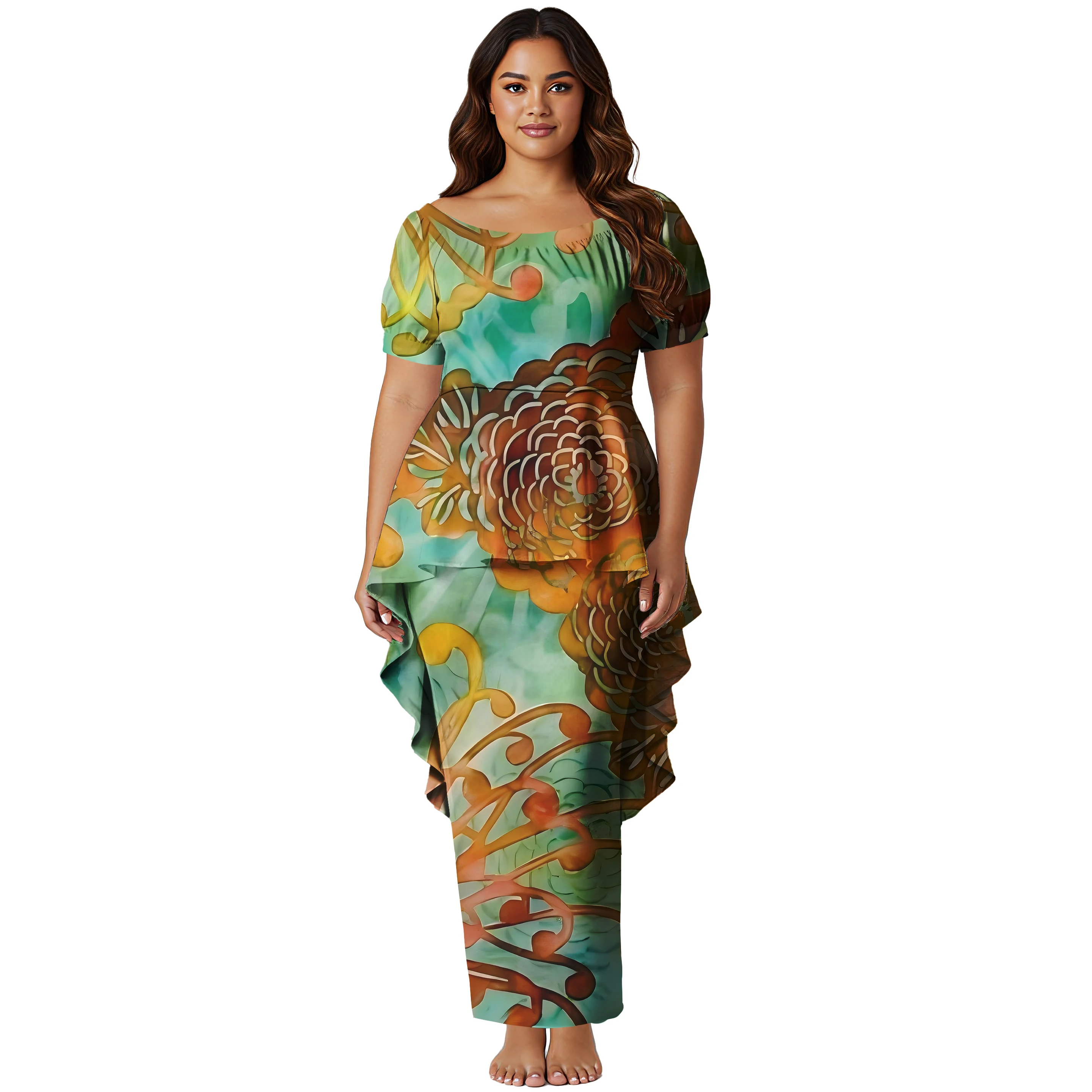 Custom Samoan Print Polynesian Swallowtail Hem Style Top and Skirt Large Size Ladies Long Puletasi Dress 2 Piece Set Outfits