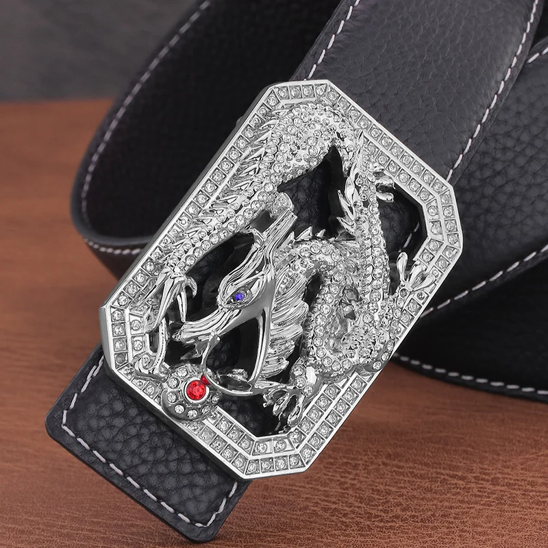 

Chinese Loong slide buckle belt men fashion genuine leather Cowskin high quality Waistband 3.8cm wide ceinture homme