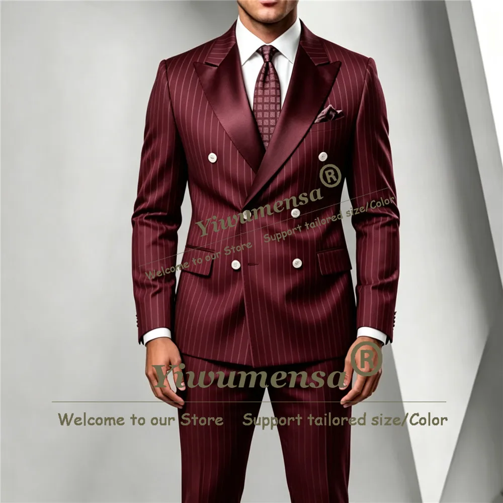 Pinstripe Men Suit 2‑Piece Double Breasted Formal Wear Corporate Summit Court Meeting Business Banquet Tuxedo Outfit Slim Fit