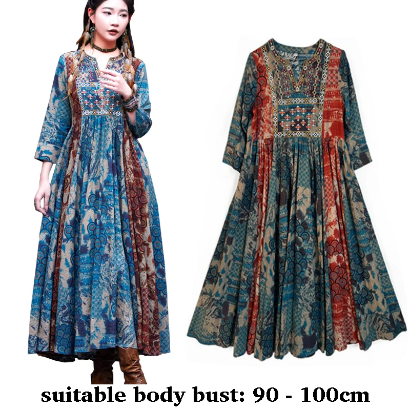 

High quality long linen mid calf dress for women 3/4 sleeve retro embroidery print spring 2025 lady elegant vintage clothes blue