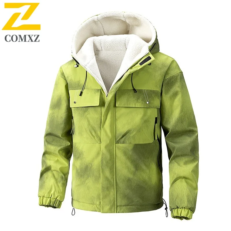 

COMXZ Luxury Elegant Men Lamb Wool Jacket Casual Hooded Cycling Warm Motorcycle Coats Solid Color Hiking Lightweight Autumn Coat