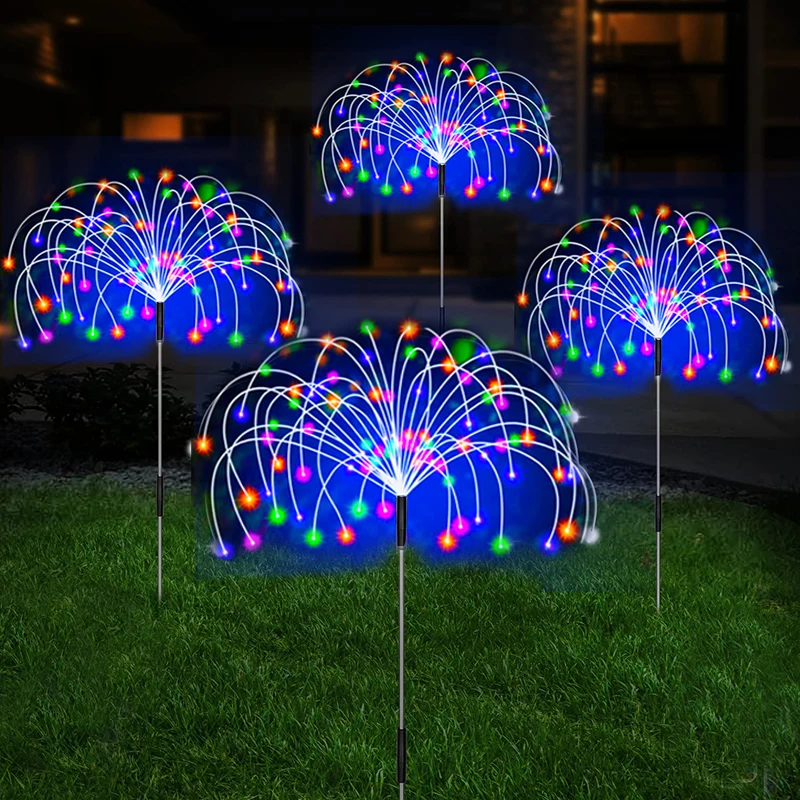 4er-Pack solarbetriebene Gartendekorationsleuchten für den Außenbereich, 200 LED-Solar-Gartenleuchten für den Außenbereich, dekorative Feuerwerksgartenleuchten, mehrfarbige Solar-Terrassenleuchte mit