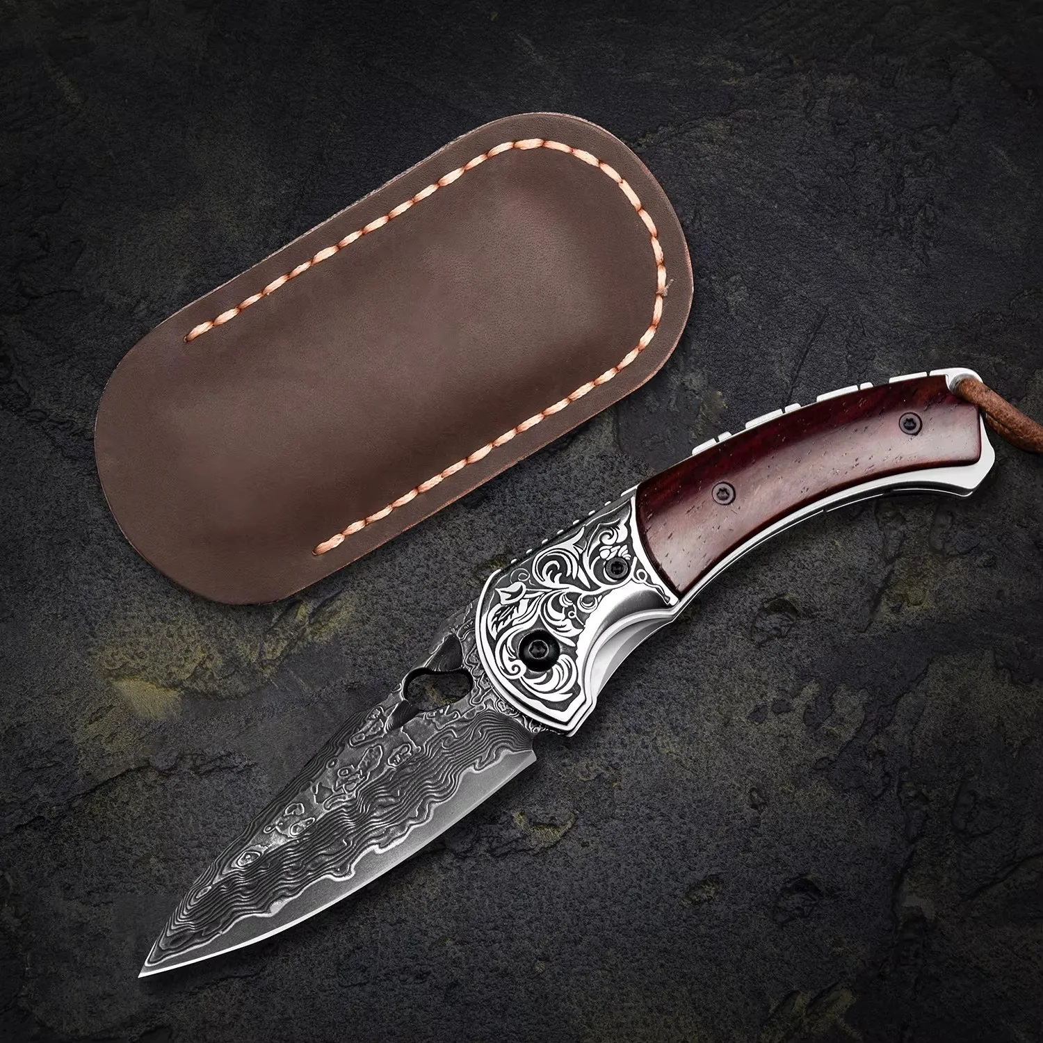 NEWOOTZ Japanese Style Damascus Folding Knife Rosewood Handle EDC Tactical Survival  hunting for Outdoor Activities Collection