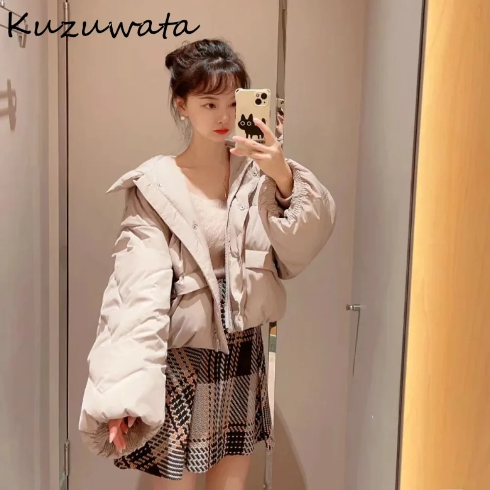 Kuzuwata New Hooded Thicked Warm Long Sleeve Jacket Single Breasted Sweet Drawstring Down Coat Japan Moda Elegant Solid Outwears