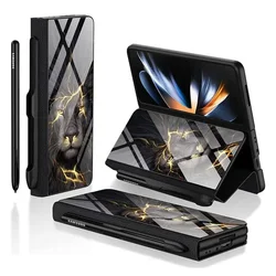 Tempered Glass Flip Leather Wireless Charging Case for Samsung Galaxy Z Fold 4 5 6 with S No Pen Holder Fold4 Back Phone Cover