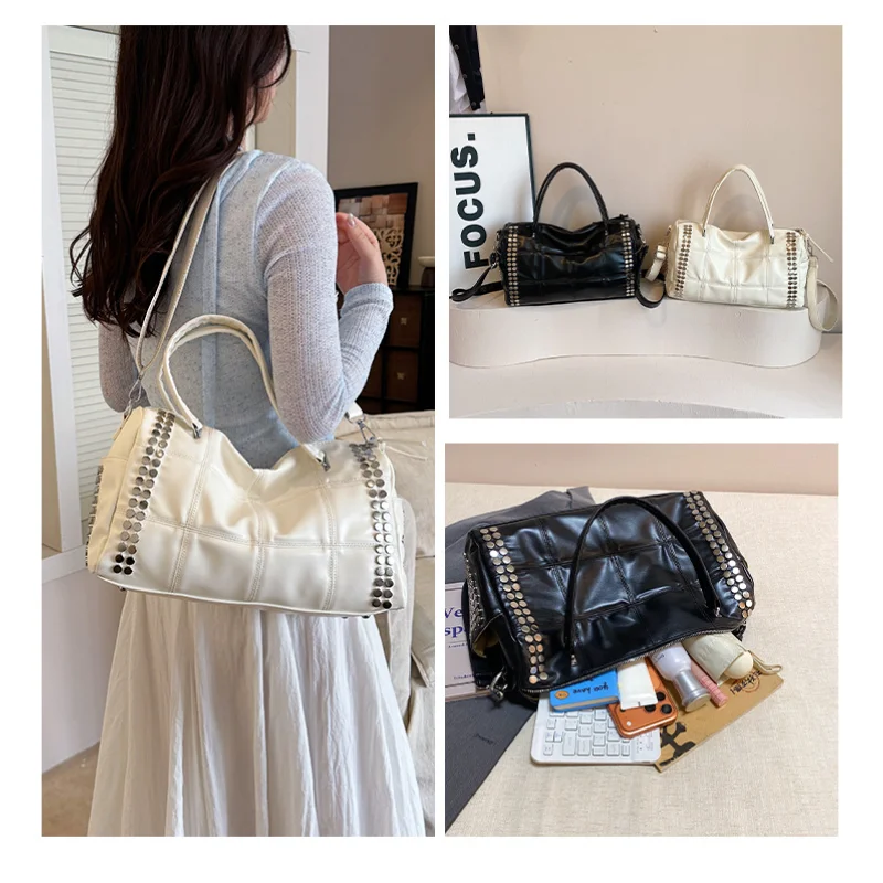 

2026 New Fashion Retro Style Metal Rivet Tote Bag Women's Handbag Large Capacity Motorcycle Bag Detachable Shoulder Strap