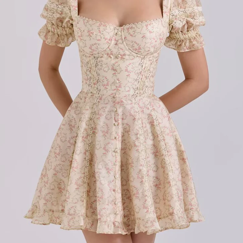 

Elegant Women Lace Spliced Floral Print Mini Dress Vintage Puff Sleeve Bow Sashes A-line Summer Dresses 2025