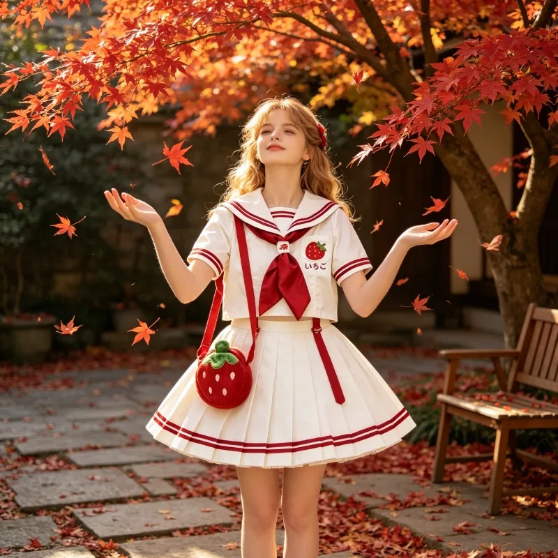 Strawberry Embroidered Sailor Uniform Set, Red and White Contrasted Academic Style Set, Summer Girl Sweet Japanese Two Piece Set