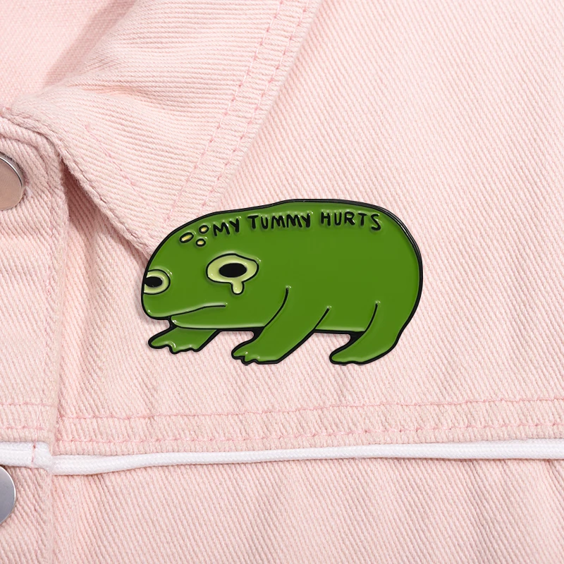 Crying Green Frog Enamel Pins Custom MY TUMMY HURTS Brooches Lapel Badges Cartoon Animal Jewelry Gift for Kids Friends