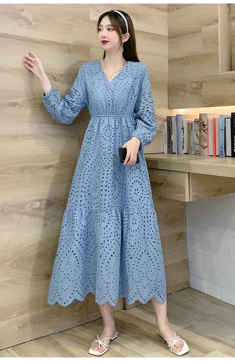 2023 New Spring Autumn Women V-Neck Long Sleeve Slim Long Dress Elegant Retro Embroidery Hollow Out Big Hem Evening Party Dress