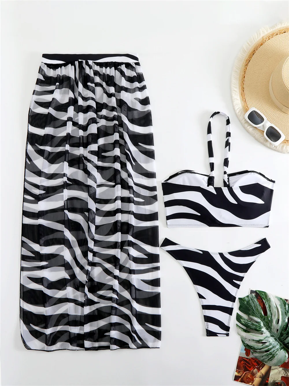 Black and White Zebra Print Bikini Skirt Cover-ups Hollow Out Cross Bandage Swimsuit Women Halter Backless 3 Piece Beach Outfit - view 6