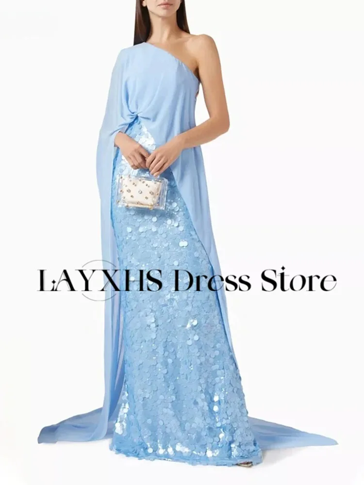 LAYXHS Sukienki wieczorowe na jedno ramię, niebieskie cekiny, peleryna, sukienki damskie na studniówkę, szyte na miarę فستان سهرة نسائي