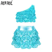 Leotardos de Ballet con lentejuelas brillantes para niñas, traje de actuación de baile latino de Jazz, Top corto metálico con falda, pantalones cortos, Culottes