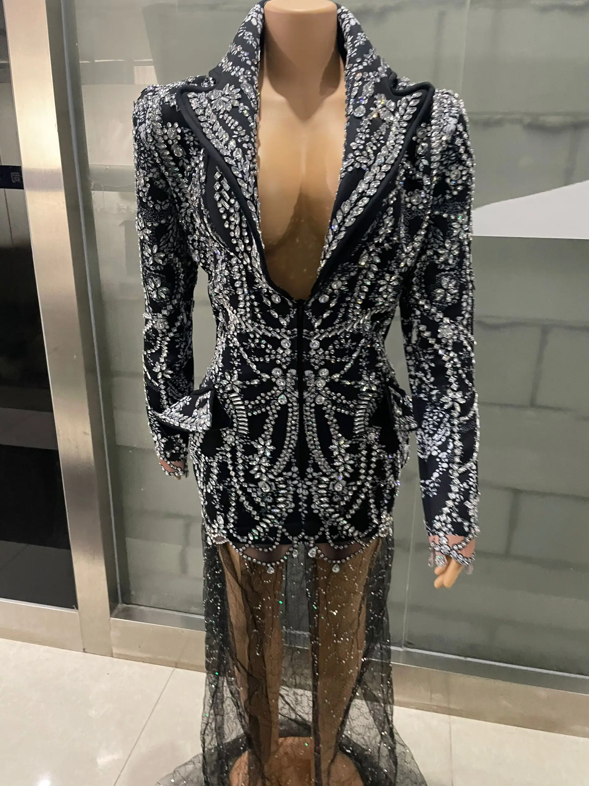 Kristalle Strass Abend Party Lange Tas Kleid Frauen Quaste Club Kleid Schwarz Sexy Jazz Sänger Tänzer Bühne Kostüme