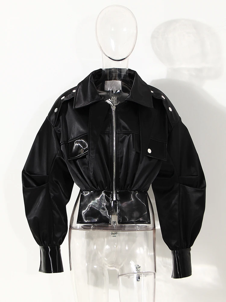 Eam-ルーズフィットの女性用ブラックレザージャケット,ラージサイズのコート,新しいラペル,長袖,春のファッション,秋,1de4530,2024