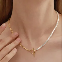 Simulated Pearl Stainless Steel Necklace for Women Gold Color Long Chains Choker Collars Adjustable Clasp High Quality