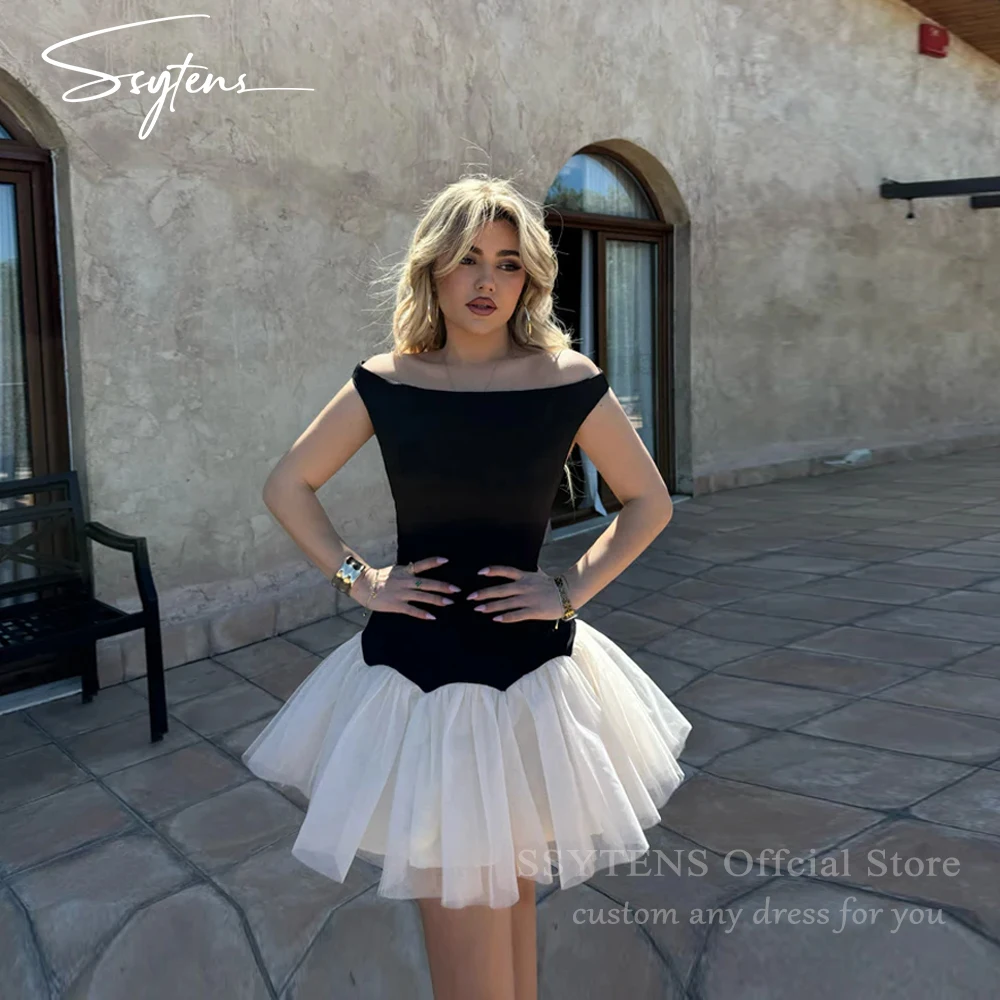 

SSYTENS Sexy Black Short Prom Dresses A Line Satin Cocktail Dresses Mini Off Shoulder Sleeveless Club Party Dresses Customized