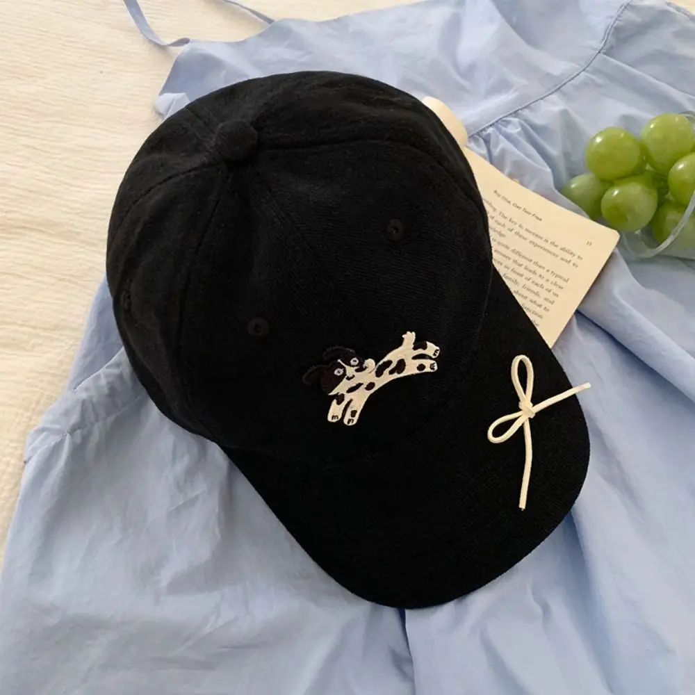 Casual Spotted Puppy Embroidery Baseball Cap Bow Sunscreen Sun Hat Visors Cotton Peaked Cap Outdoor