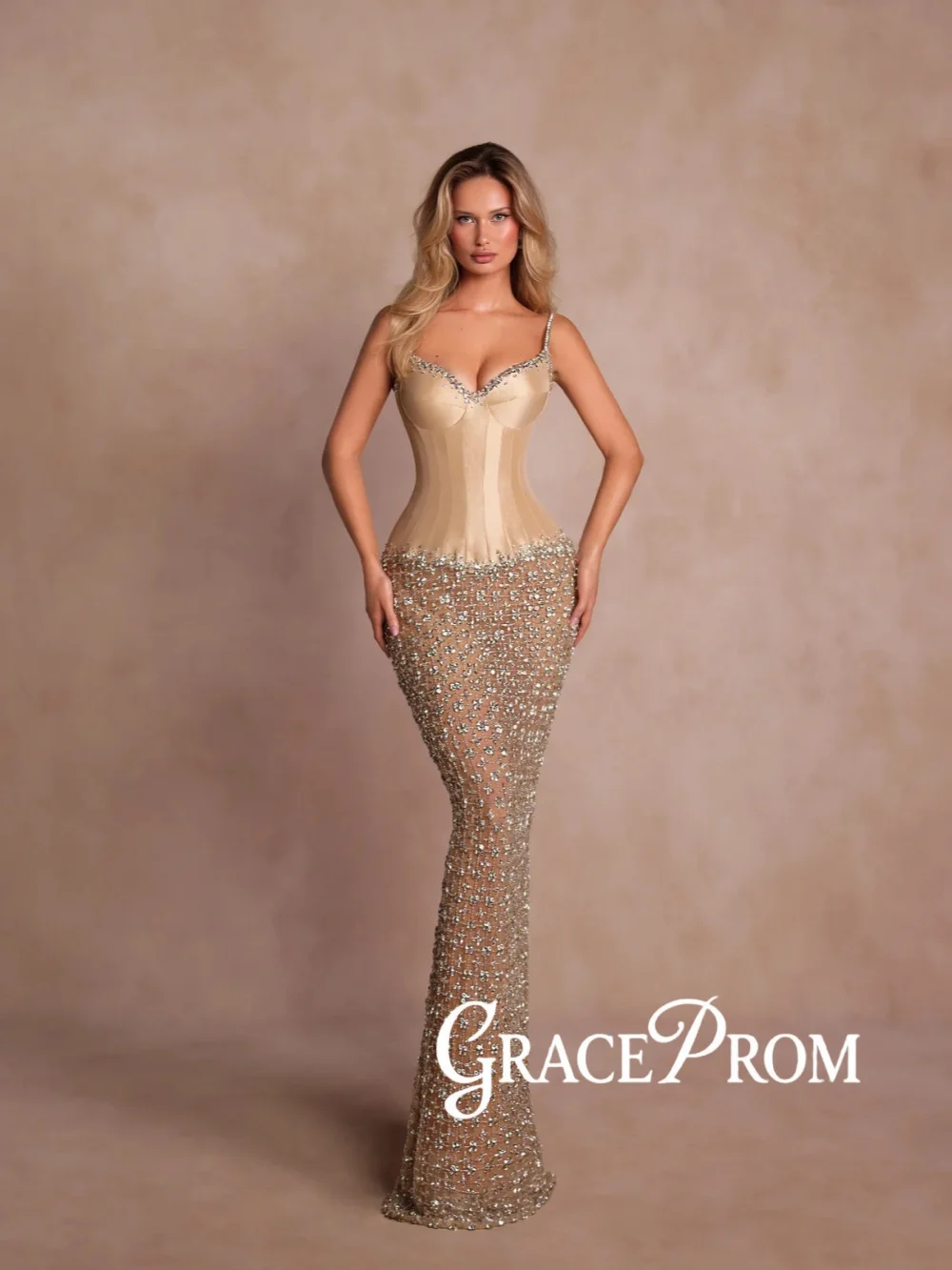 

Nude Corset Shinny Crystal Evening Dress Thin Straps Luxury Straight Wedding Party Gown Customized Stunning Red Carpet Gowns