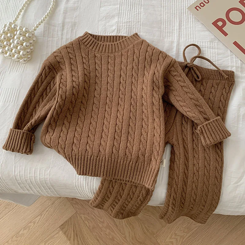 2024 Autumn Spring Kids Knitted Clothing Set Long Sleeved Solid Color Pullover Sweater+Pants Korean Style Baby Girl Clothes Suit