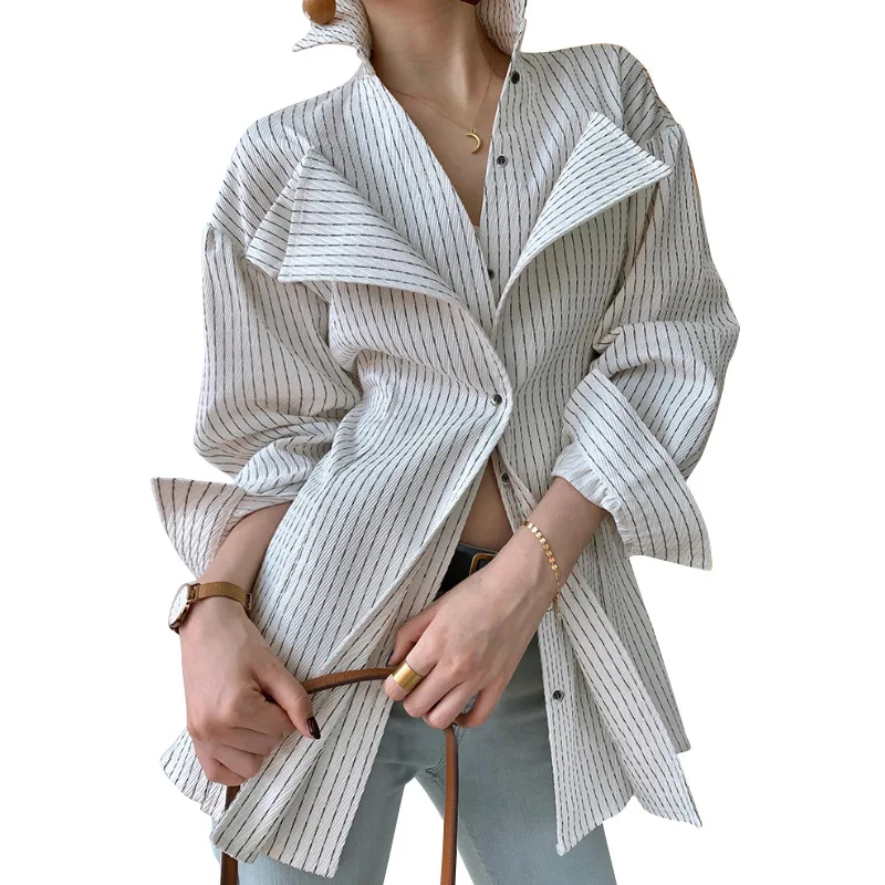 Women\'s Spring and Autumn New Light Casual Slim Shirt Suit Collar Side Opening Long Sleeve Fashion Striped Women\'s Shirt Coat