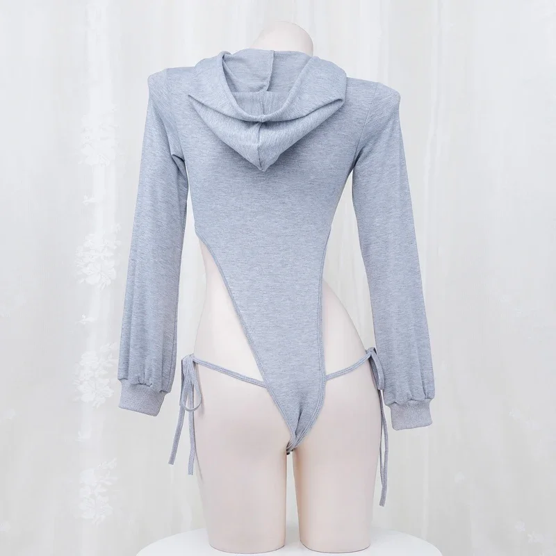 أنيمي فتاة المرأة رمادي كم طويل مقنع هوديي ارتداءها زي تأثيري ضمادة عالية الشق Playsuit هوديي الزي الملابس الداخلية فتاة