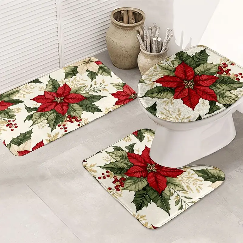 VIKAMA Christmas Bath Mat Poinsettia Holly Berry Print Non Slip Absorbent Rug For Bathroom Shower Xmas Home Decoration