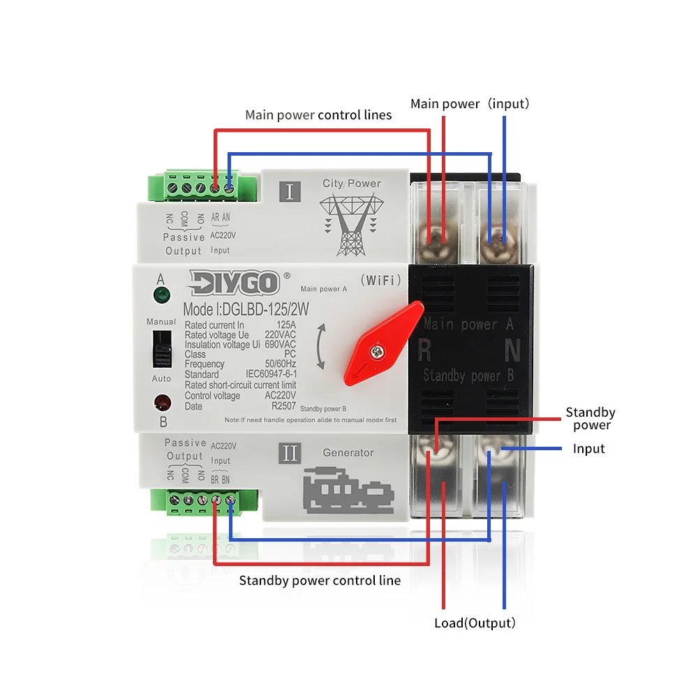 eWelink WIFI Smart ATS 2/4P Timer 220V Dual Power Automatic Transfer Switch Selector Uninterrupted Remote Control 125A Generator