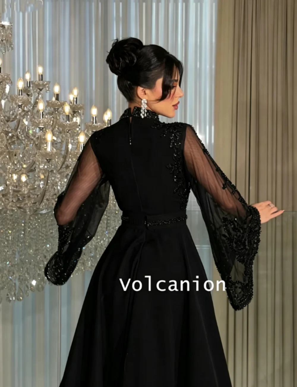 Customized Intricate Jersey Sequined Pattern A-line High Collar Long Quinceanera Bespoke Occasion Dresses Sparkle