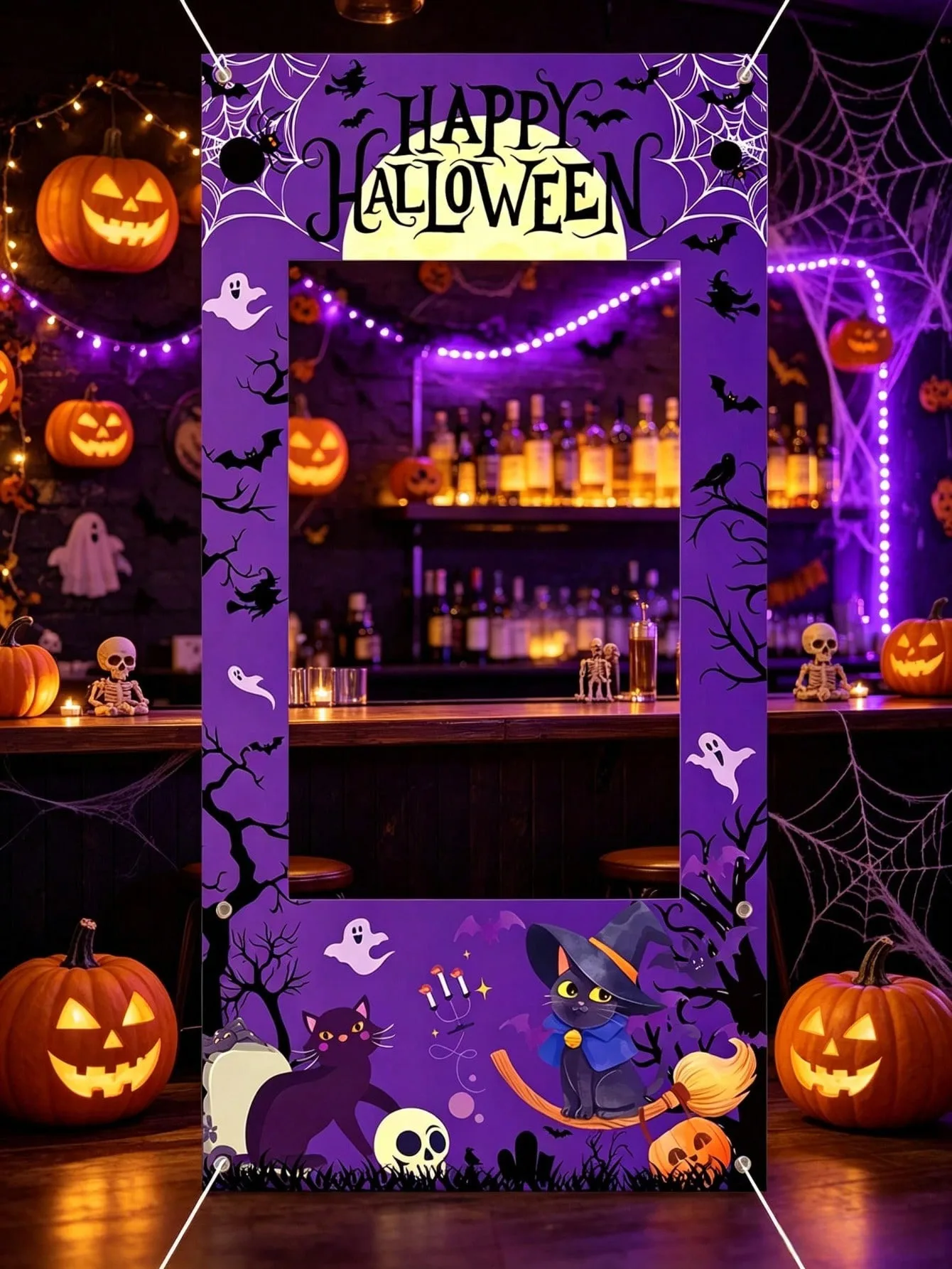 Décor de fête d'Halloween violet : Cadre de photomaton, toile de fond, sorcière, chat noir, citrouille, toile d'araignée, bannière verticale pour porte, accessoires de décoration pour selfies