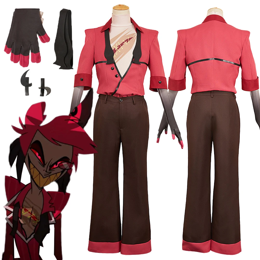 Hell Inn 2 Alastor Cosplay سترة حمراء زي ملابس جرح الصدر مجموعة إكسسوارات وتتسابق السراويل معطف حفلة كرنفال الهالوين
