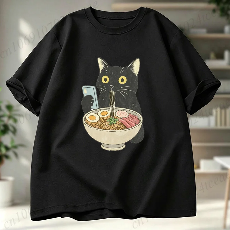 Cat Eating Ramen Funny Shirt,Graphic Tee for Cat Lovers,Vintage Tops,Cool Casual Cat Print T-Shirts,Fashion Tee T-Shirts Tops