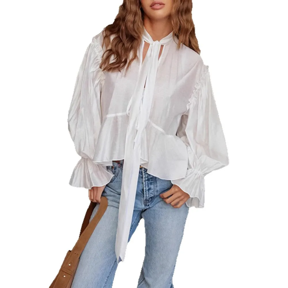 

French Autumn Flared Sleeve Loose Tie Fashion Office Shirt