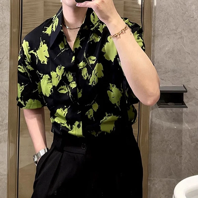 

Men Clothing Korean Fashion Printed High Street Luxury Chic Handsome Shirt Male Summer Vintage Casual Short Sleeve Oversize Tops