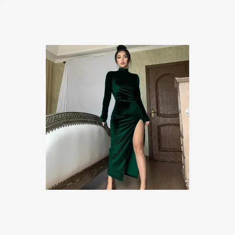 Jupe longue en velours, col haut, coupe cintrée, plissée, taille mi-haute, en coton doux, extensible, jupe trapèze, hiver