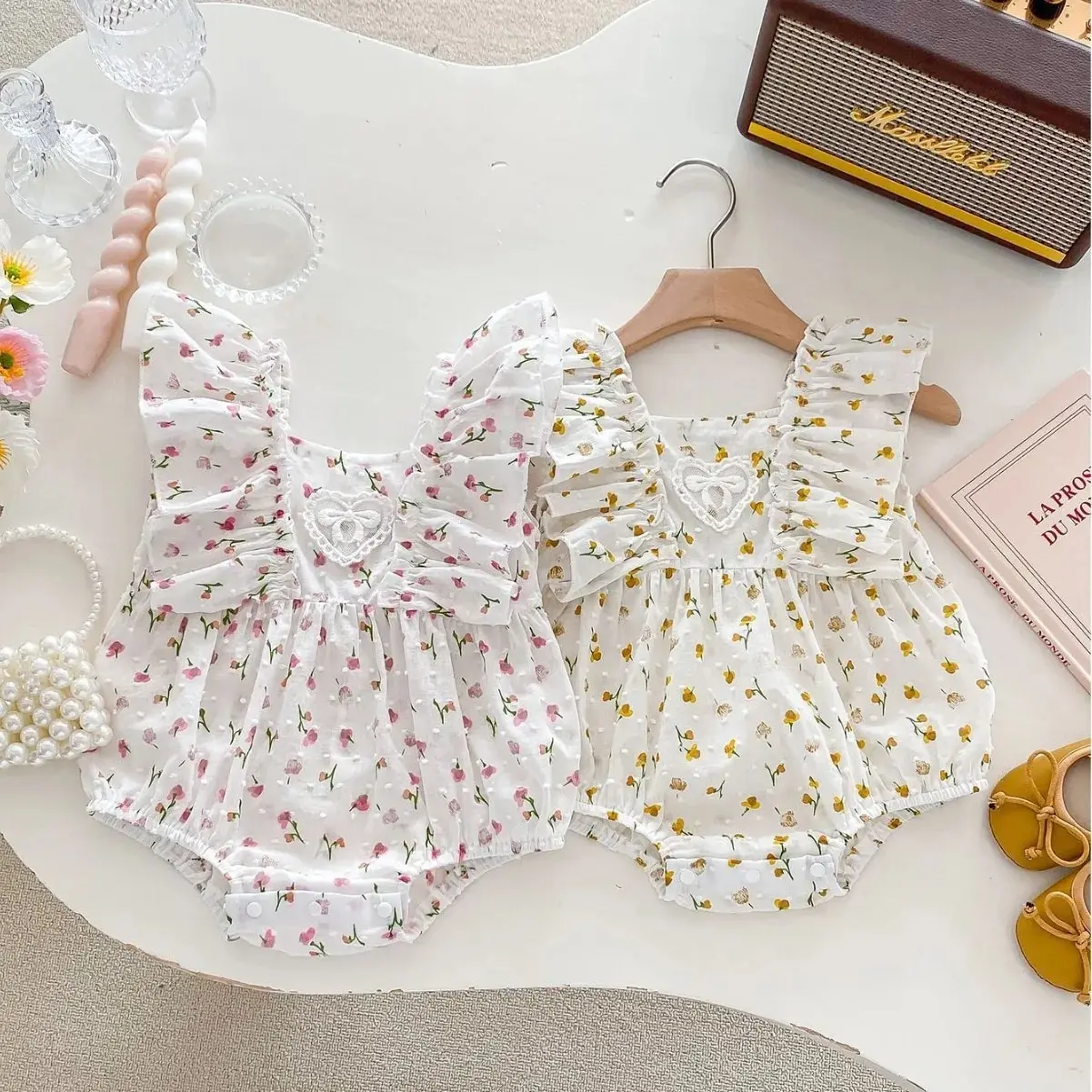 2024 Summer New in Infant Baby Girls Fly Sleeve Floral Love Ruched Outfits Kids Newborn Jumpsuits Toddler Bodysuits 0-24M