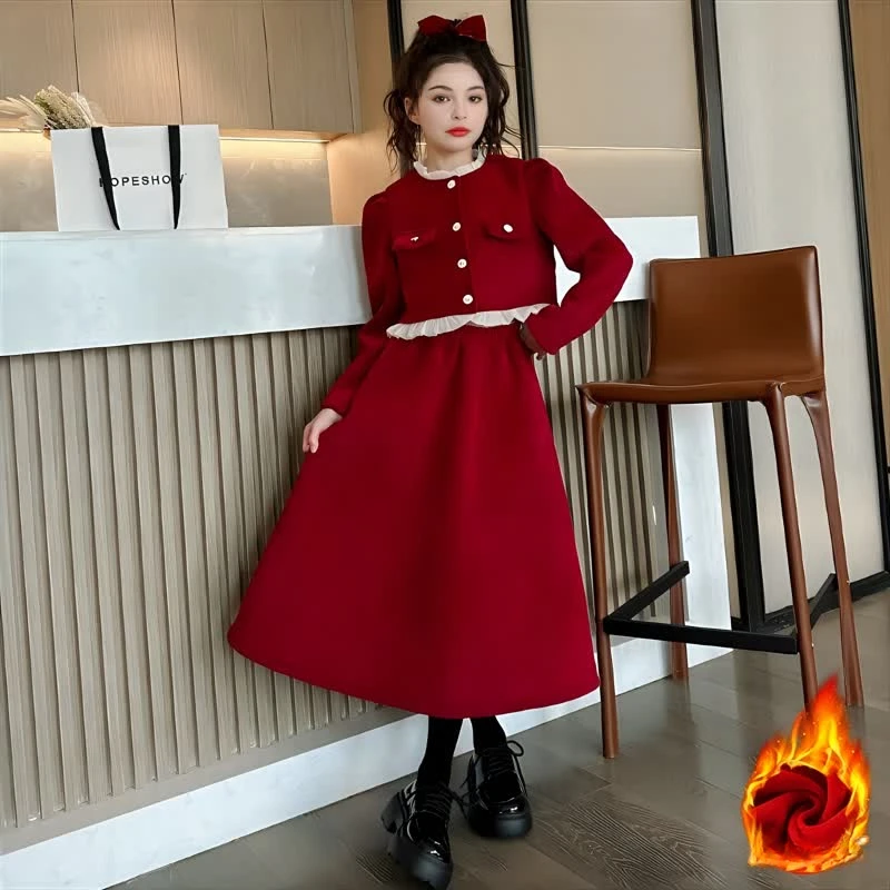 

Christmas Princess Style Girls Clothes Set Autumn Winter Thick Warm Red Short Jacket Skirt Two Pieces Kids Outfits 8 10 12 Years