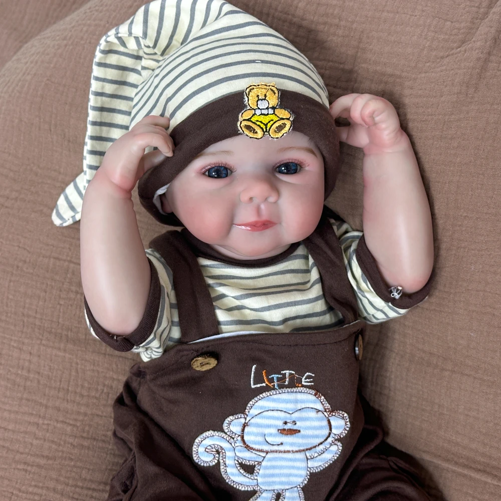 20 Inch Vinyl Reborn Baby Doll, Rare Edition, Cartoon Suspender Outfit & Hat, Colored Eyes, Exquisite Facial Features,