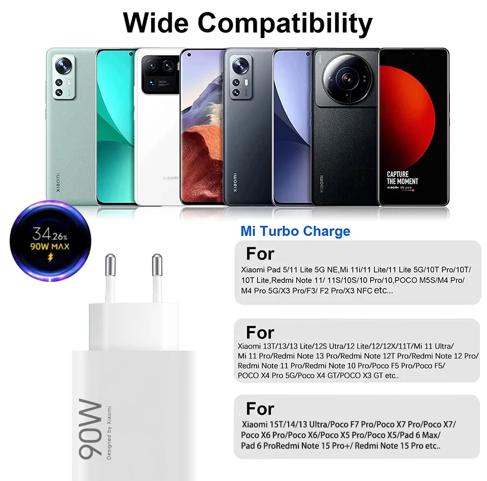 Cargador Original Xiaomi de 90w con Carga Rápida Turbo para Xiao Mi 15T Ultra 14 13 T 12 Poco X5 Pro F7 Pad 7 Redmi, Cab