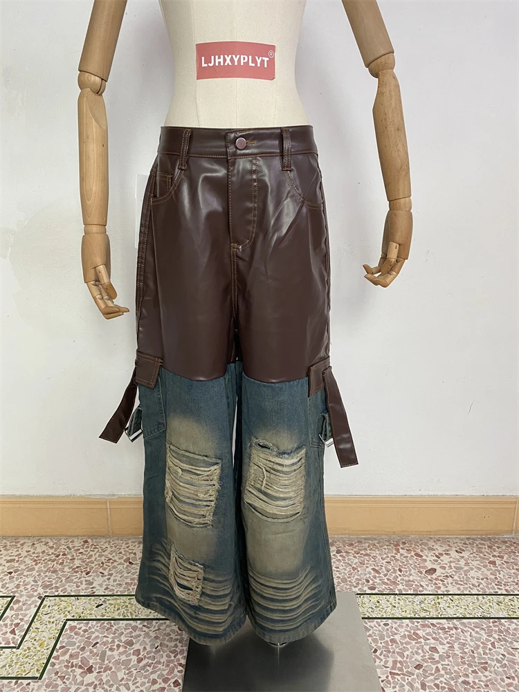 Pantalones desgastados Retro para mujer, traje de vaquero de otoño, pantalones vaqueros, ropa de calle Unisex, chaqueta vaquera de retales Vintage para mujer