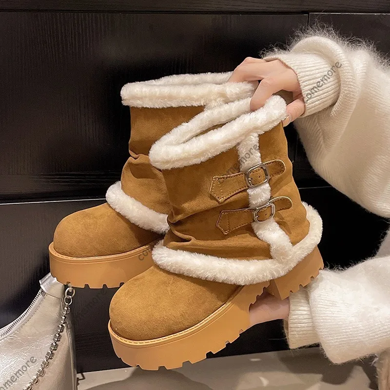 Comemore Height Increaseing Warm Thick Bottom Snow Boots Women's 2025 New Winter Retro Padded Cotton Shoes Chunky Heeled Botines