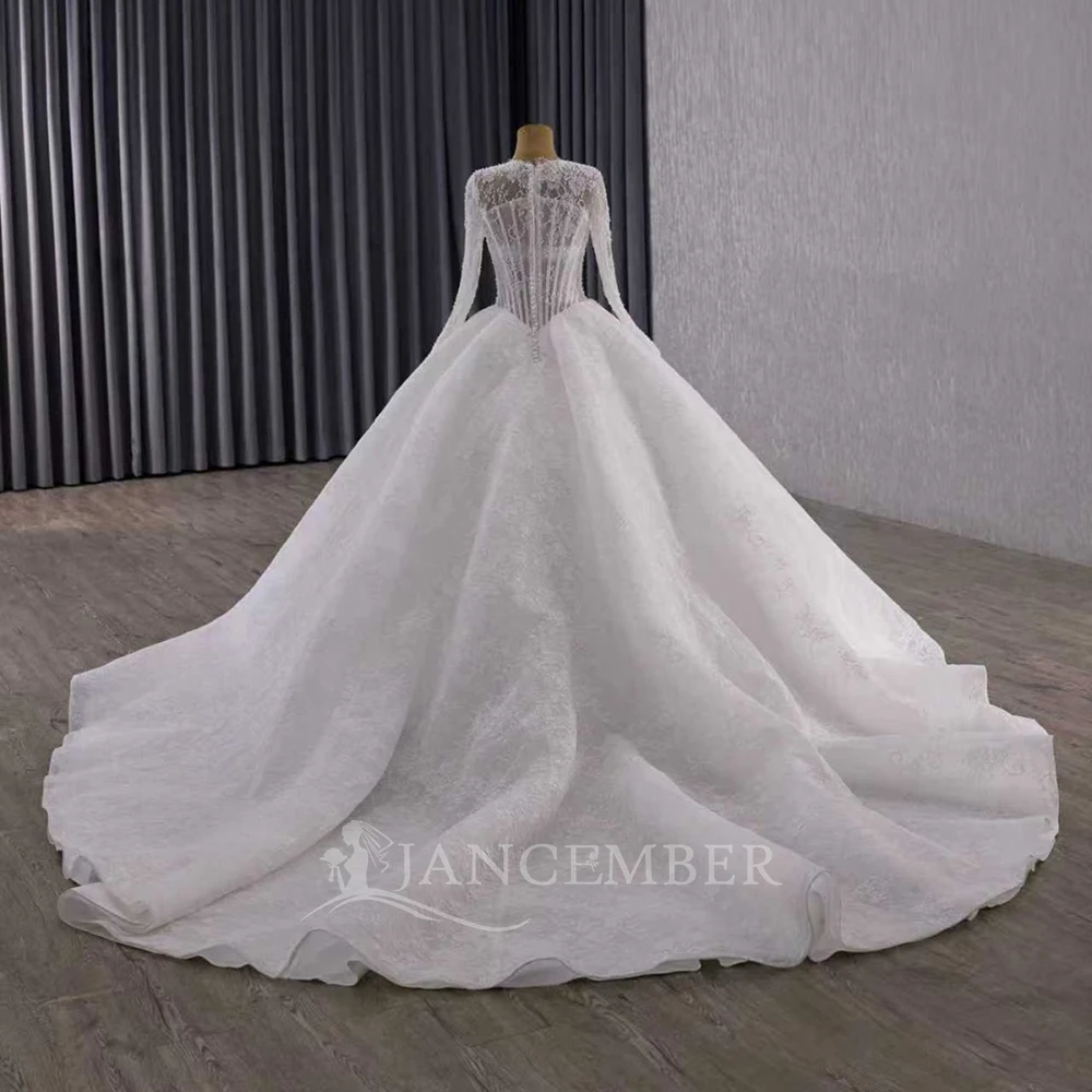 Customized Luxury Ball Gown Long Sleeve Organza V-neck Wedding Dresses Lace Promotion vestidos de novia boda Court Train