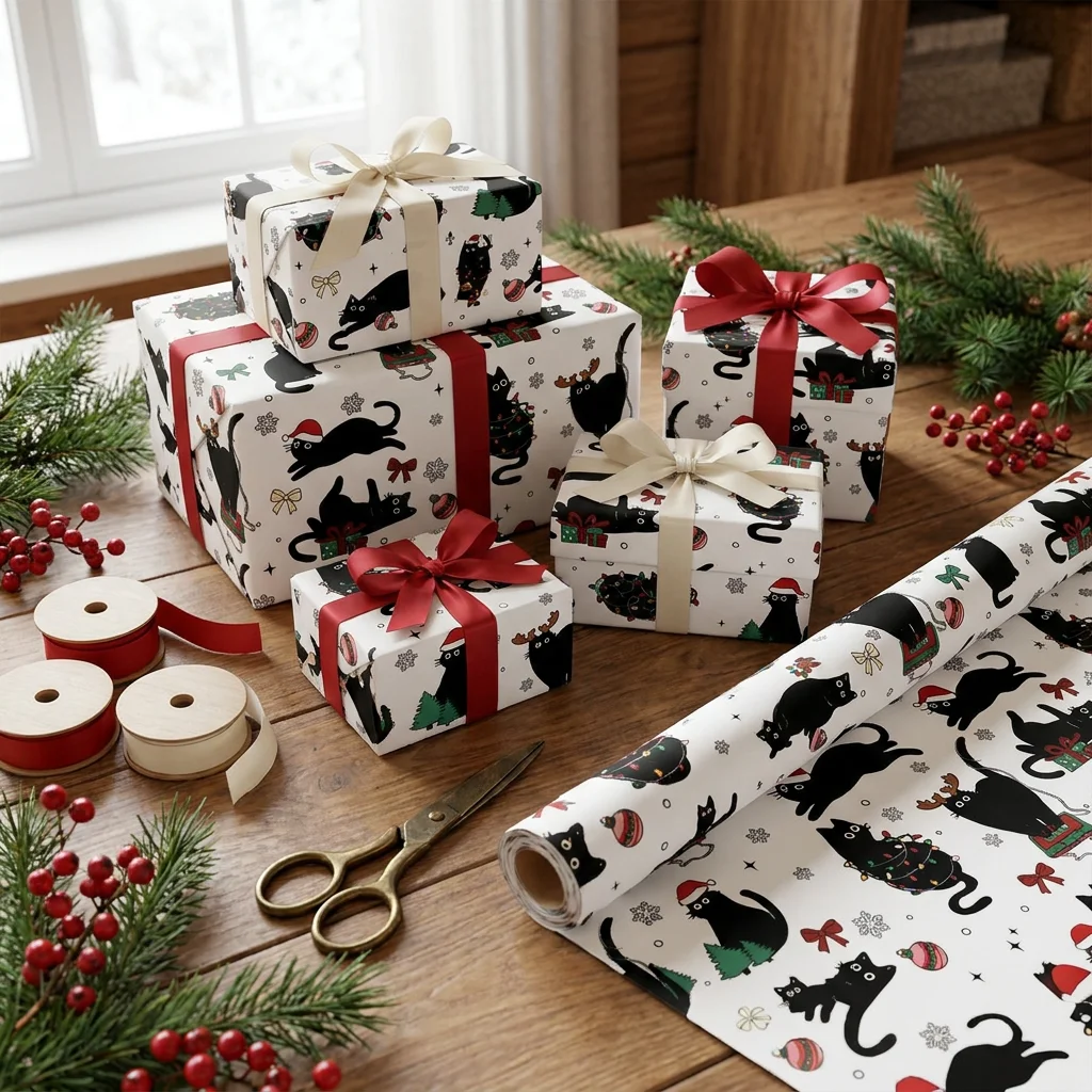 Christmas Wrapping Paper Black Cat Cute Santa Xmas Gift Wrap Paper Roll Holiday Party Gift Wrapping Decor for Cat Lovers