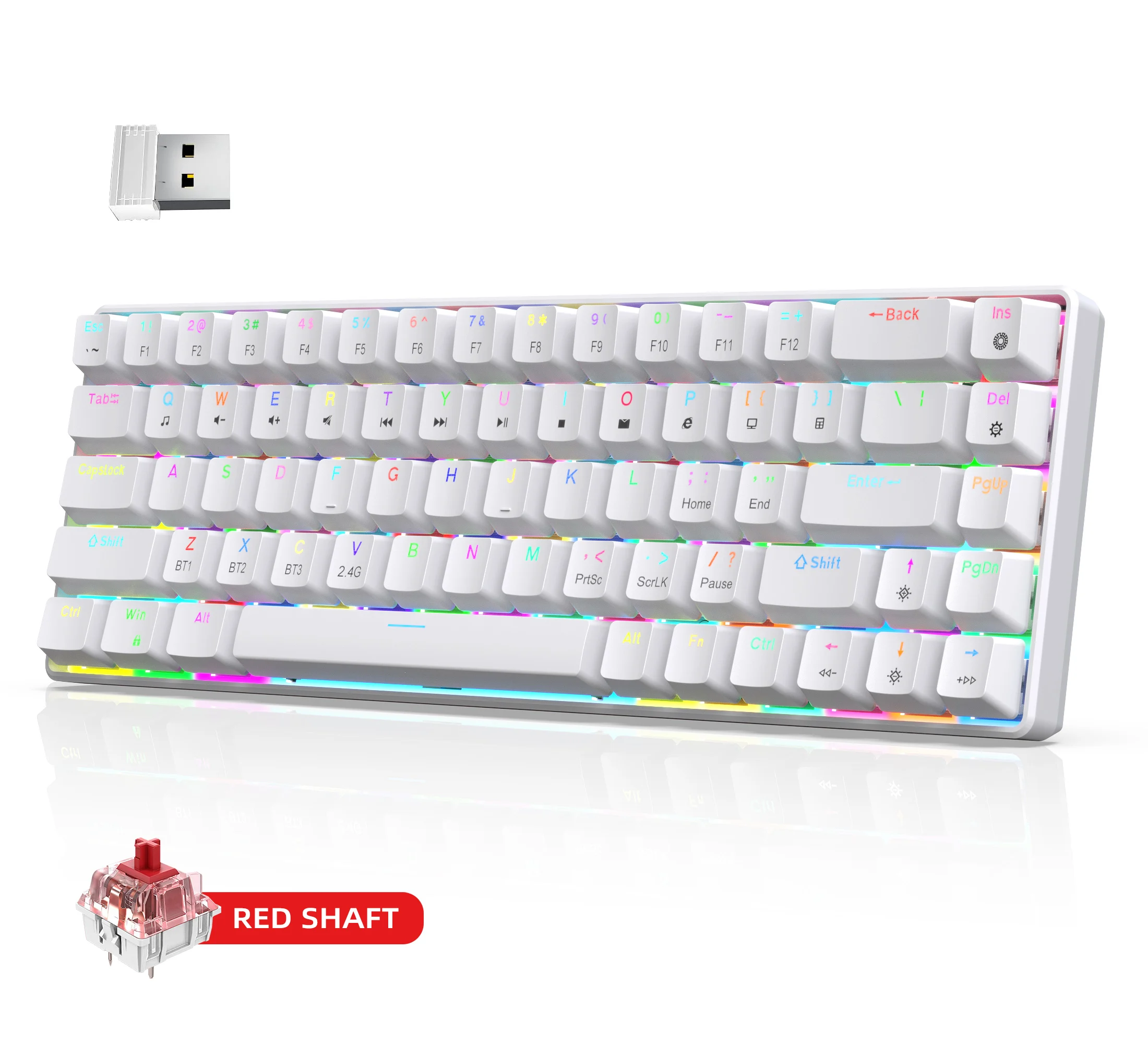 

Механическая клавиатура с 68 клавишами, беспроводная/проводная, с функцией отключения звука, сменными красными переключателями, тремя режимами подключения, RGB-подсветкой, для офиса и игр