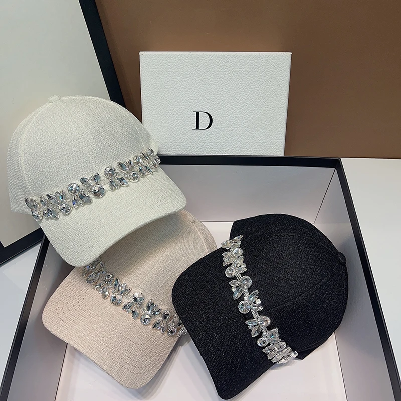 

Black Diamond Baseball Cap Women's Fashionable Korean Style Hard Top Hat Face Slimming Solid Color Sun Protection Cap