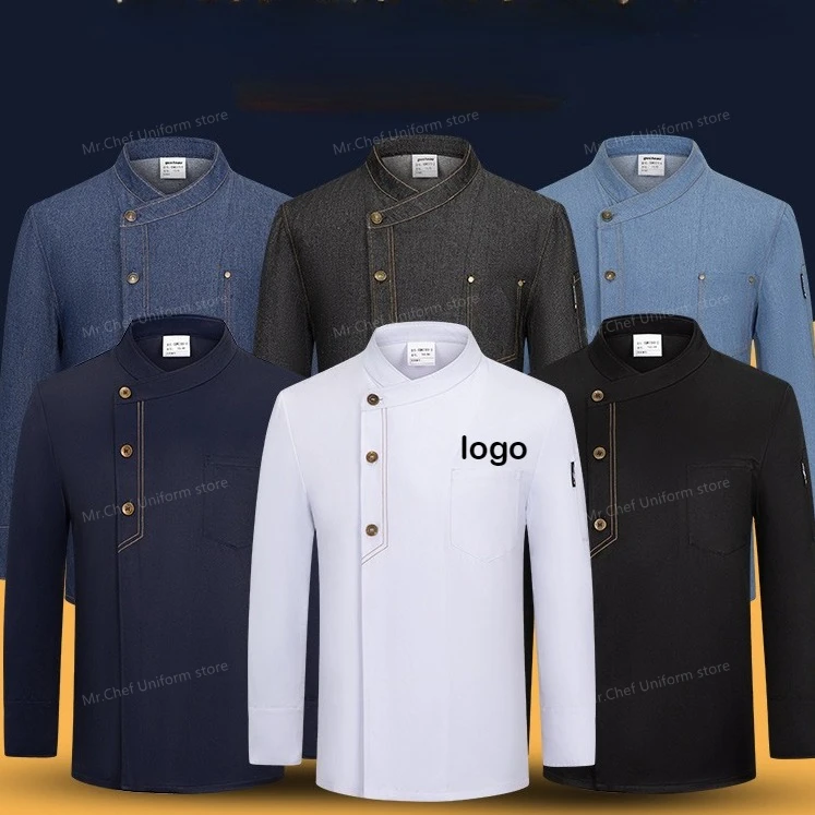 เสื้อเชฟฤดูหนาว เสื้อยืดเชฟแขนยาว ชุดยูนิฟอร์มเชฟ เสื้อโค้ทเชฟชาย ชุดยูนิฟอร์มร้านอาหาร เสื้อพนักงานเสิร์ฟโรงแรม รับสกรีนโลโก้