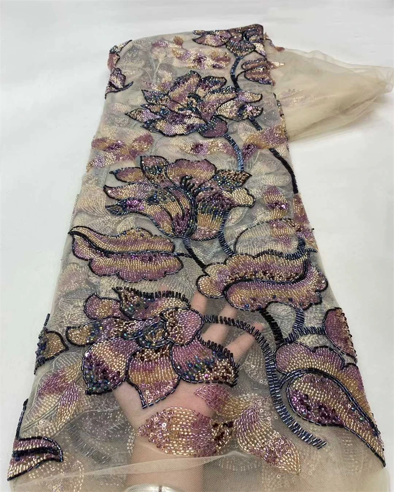 Luxury Nigerian Beaded Lace Fabric with High-Quality Sequins for African Party Dresses Special Occasion Sewing Material