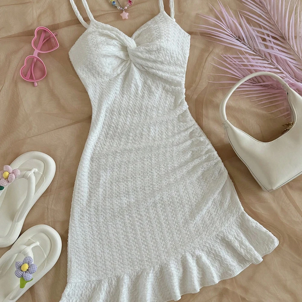 Kleider Frau Sommer Casual Solide Sexy Weißes Kleid Volant Ärmellose Schatz Neck Mini Cami Kleider Für Frauen Große Größe