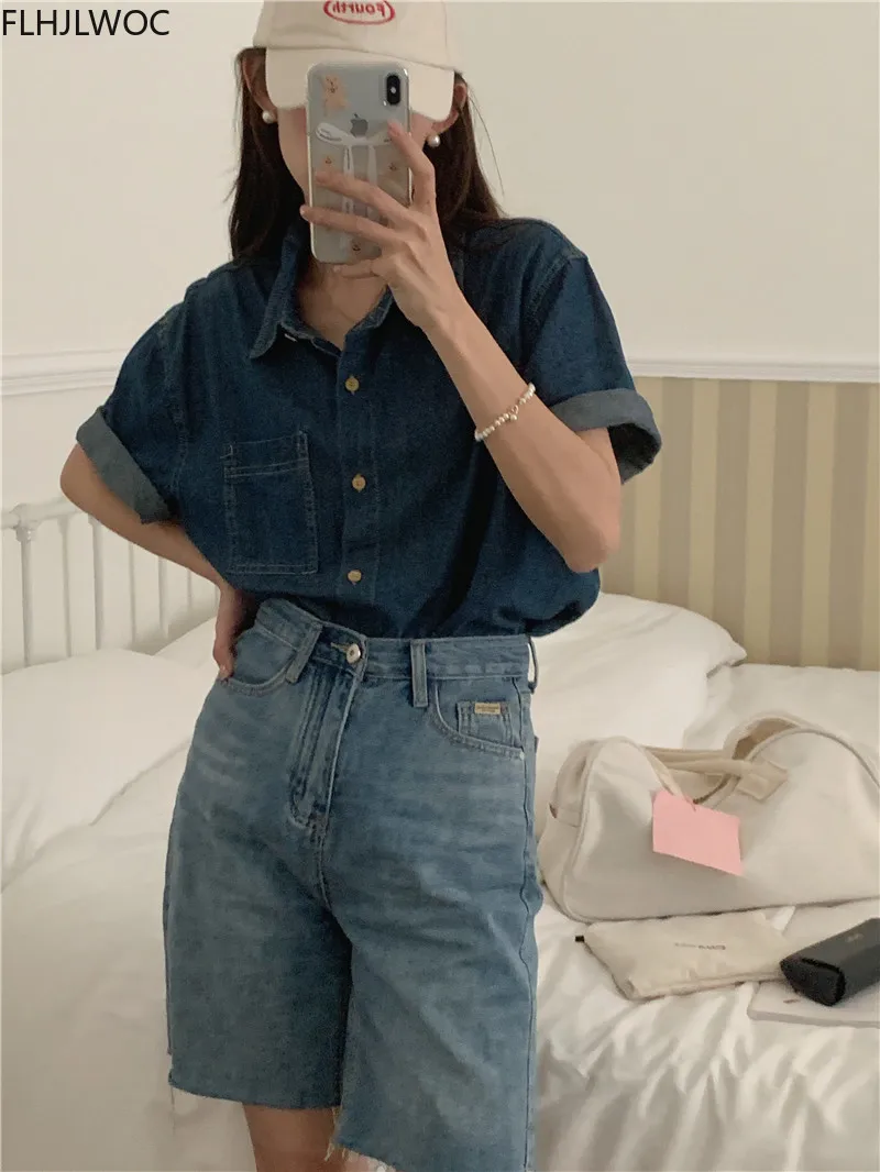 Button Blue Jeans Denim Korea Cute Shirt Design Women Japan Girl Vintage Retro Top Blouse 2022 Chic Korea Fashion Clothes